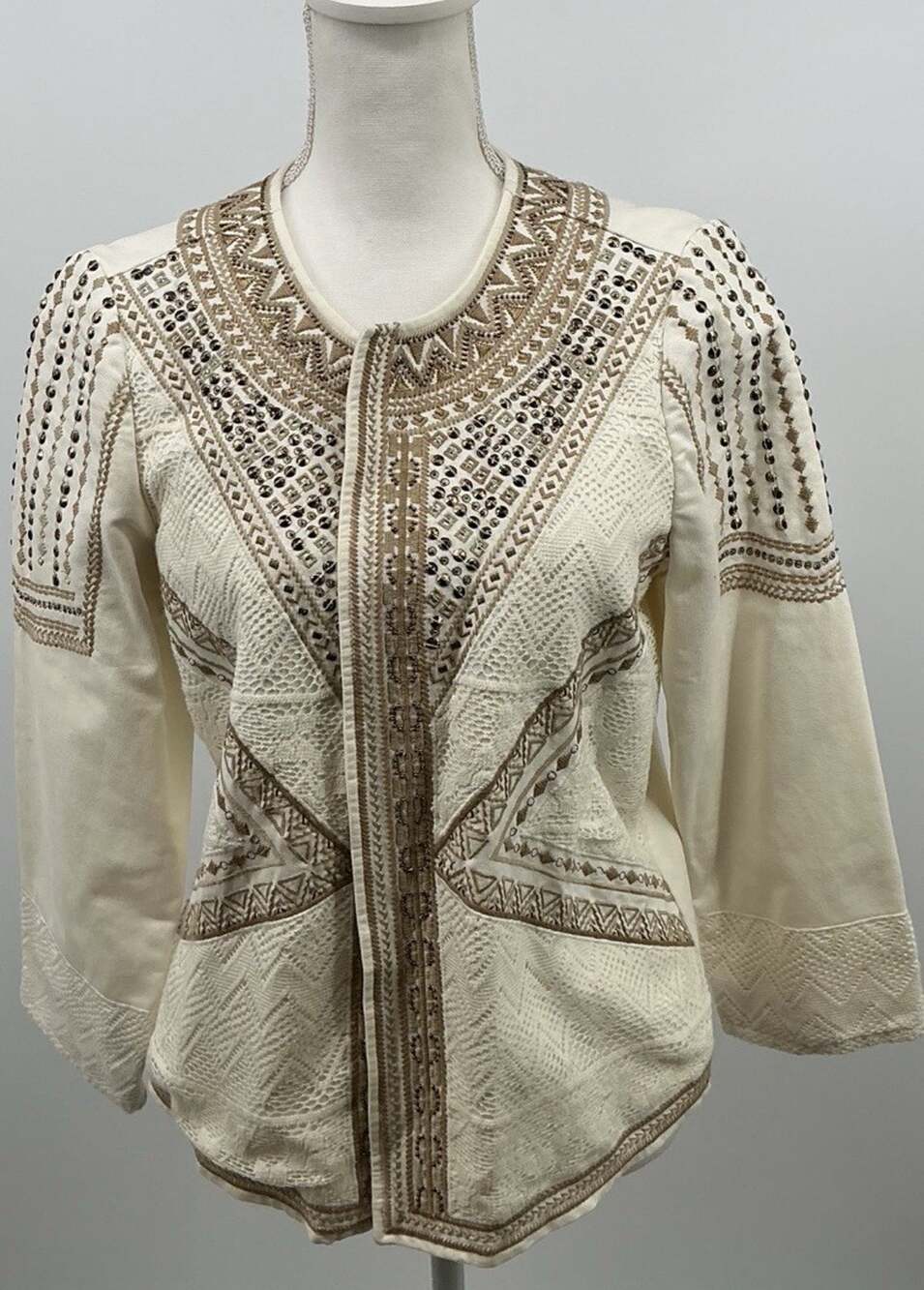Chicos Embellished Jacket Size 1 Beige Brown Off-White Beaded Jeweled Lace